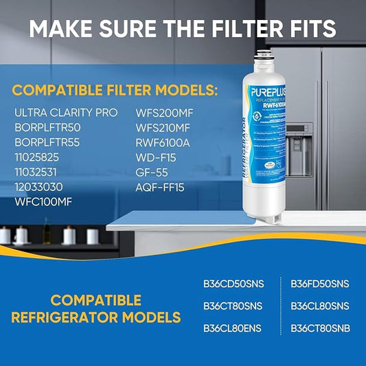 PUREPLUS BORPLFTR50 Replacement for Bosch 11025825 Ultra Clarity Pro Refrigerator Water Filter, Compatible with 12033030, 12028325,11025825, BORPLFTR55, WFC100MF, B36CT80SNS, B36CL80ENS, 1Pack