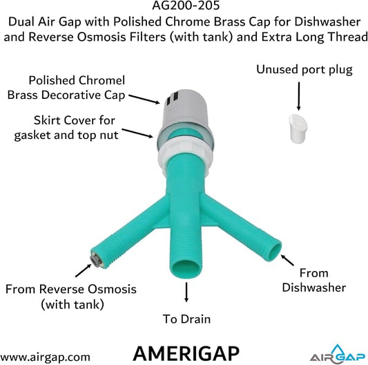 Dual Air Gap with Polished Chrome Brass Cap for Dishwasher and Reverse Osmosis Filters (with tank) and Extra Long Thread (AG200-205, AG200-X05, AMERIGAP)