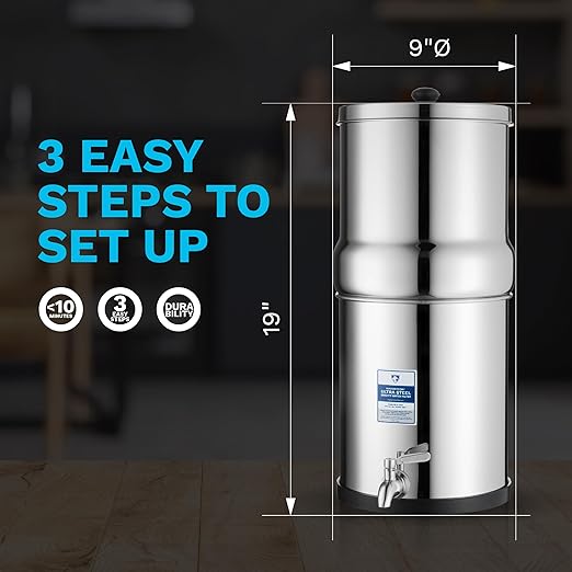 Survivor Filter Ultra Gravity Water Filter System - Stainless Steel Countertop Gravity Fed Water Filter, 2.25 Gallon, for Home and Outdoors - Removes Bacteria, Viruses, and Parasites