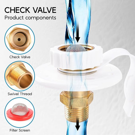 RV City Water Inlet With Check Valve - Lead-Free Brass 3/4 NH Female to 1/2 NPT Male Connection, Ideal RV Water Fill Replacement Flange