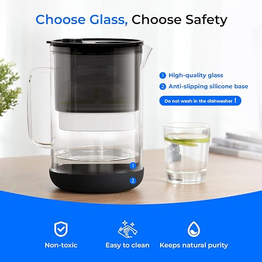 Waterdrop PT-09BL 10-Cup Large Glass Water Filter Pitcher, Eco-Friendly | NSF/ANSI 53, 42 & 372 Certified Filter, Reduces PFOA/PFOS, Chlorine, Cadmium, Copper & Mercury, BPA-Free, Black