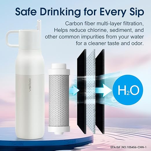 VSITOO 25oz Insulated Stainless Steel Filtered Water Bottle for Travel and Everyday Use ,5-Stage 0.01μm Ultra-strong Filtration,Reusable,Improves Taste,for Hiking, Cycling, Gym & Outdoor Use,White