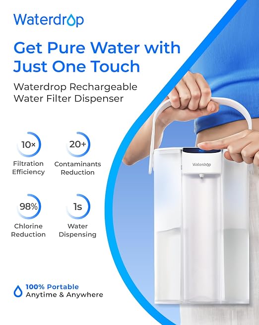 Waterdrop ED61W Rechargeable Water Filter Dispenser, 15-Cup, White | 200-Gallon Water Pitcher, Instant Countertop System, 10X Filtration Efficiency, Reduces 98% Chlorine and 20+ Contaminants