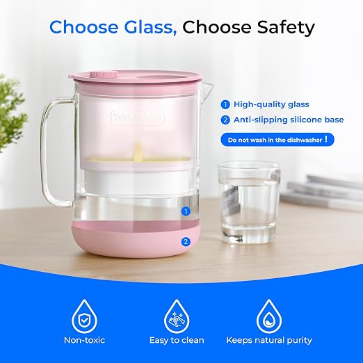 Waterdrop PT-72P Glass Water Filter Pitcher, 7-Cup, Eco-Friendly, Pink | NSF/ANSI 53, 42 & 372 Certified Filter, Reduces PFOA/PFOS, Chlorine, Cadmium, Copper & Mercury, BPA-Free, Easy to Clean