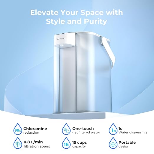 Waterdrop EDC01W Electric Water Filter Pitcher, NSF/ANSI 42, 15-Cup, White | 98% Chloramine Reduction, Rechargeable Water Dispenser, Instant 200-Gallon Countertop Purifier, Reduce PFOA/PFOS, Lead
