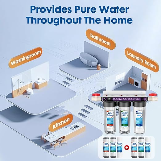 Whole House Water Filter System, 3-Stage Whole Home Water Softener System Highly Reduces Taste,Iron,Scale,Lead,Chlorine, with Heavy Metal and Anti-Scale Filter,3/4" Ports, Extra 1 Year Filter