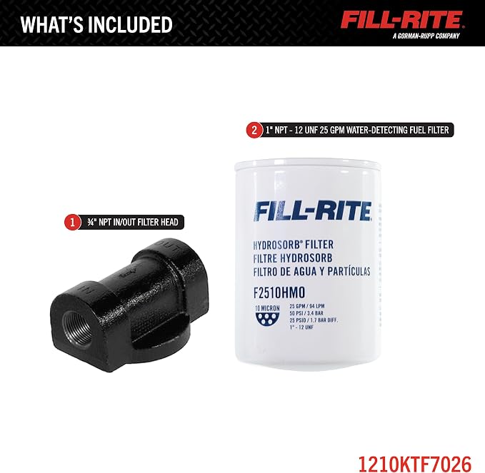 Fill-Rite 1210KTF7026 10 Micron Hydrosorb® Fuel Filter Kit with 3/4" Filter Head – 25 GPM Water Detecting Filter for Diesel, Gasoline & Biodiesel