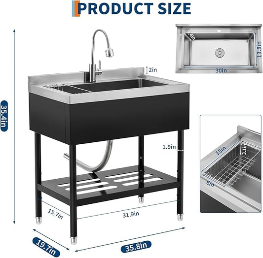 Garvee 36" Black Stainless Steel Utility Sink with Faucet, Adjustable Height Freestanding Commercial Sink with Hot & Cold Water, Shelf, Basket & Drain Kit for Kitchen, Garage, Laundry, or Outdoor Use