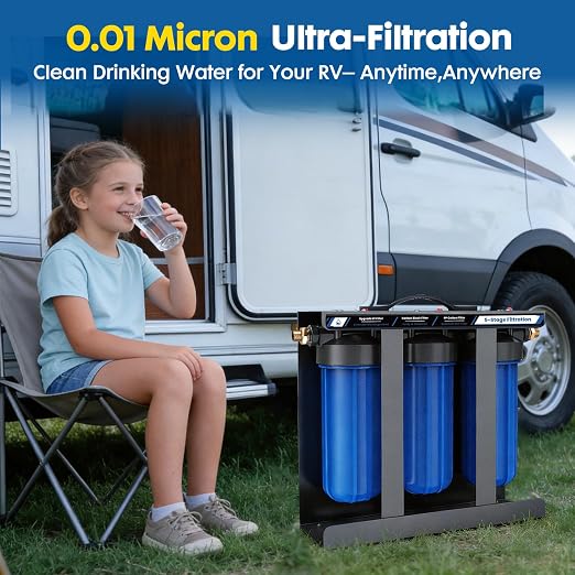 RV Water Filter System,0.01 Micron Camper Water Filter System, 5-Stage RV Water Filtration System Reduces Sediments, Chlorine, Vocs, Heavy Metals, Odors for Travel Trailers, Boats, 1" Inlet/Outlet