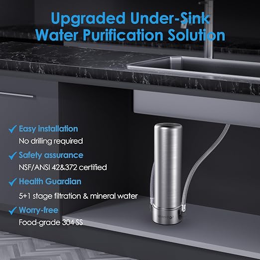 Waterdrop AS13 Under Sink Water Filter System, Reduces Lead, Chlorine | Reduces Bad Taste & Odor, PFAS, NSF/ANSI 42, No Drilling Required, 6 Stage Stainless Steel Under Sink Water Filtration System
