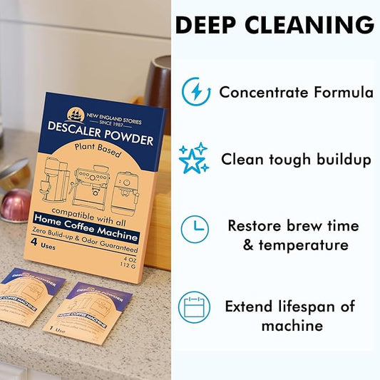 Descaling Powder Solution (4 Uses) Removes Scale and Build-Up, Automatic Coffee Pots & Makers & Espresso Machines Descaler, Compatible with Keurig Breville Nespresso Delonghi Ninja