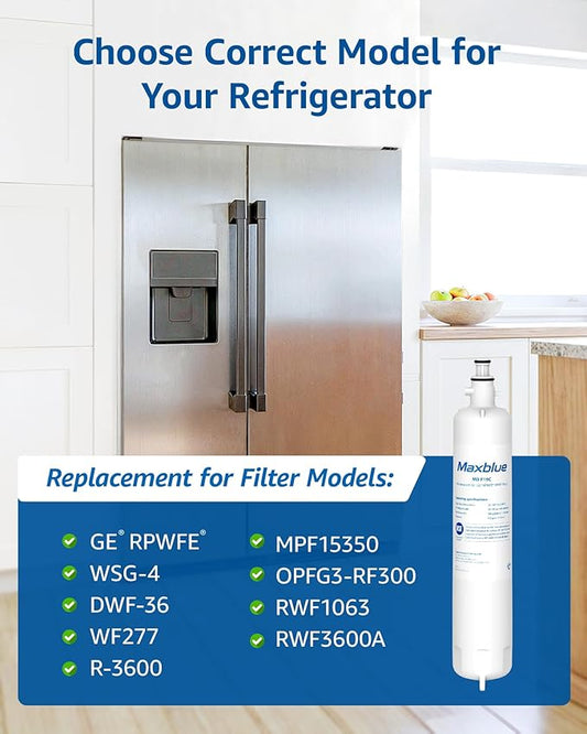 Maxblue Replacement for GE® RPWFE®, RPWF (with CHIP) Refrigerator Water Filter, Compatible with WSG-4, WF277, GFE28GMKES, PFE28KBLTS, GFD28GSLSS, PWE23KSKSS, GYE22HMKES, DFE28JSKSS, 4 Filters