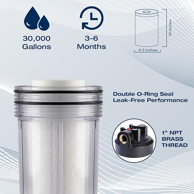 H&G lifestyles Garden Hose Water Filter System for RV Transparent Housing | 4.5 x 10 PP Cotton Cartridge Pre-Filter, Fresh Drinking Water for RV Campers, 30,000 Gallons