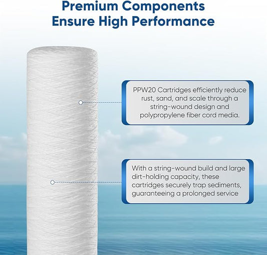 PUREPLUS 5 Micron 2.5" x 20" Whole House String Wound Sediment Filter for Well Water, Replacement Cartridge for Aqua Pure AP110-2C, Pentek P1-20/SP-P1-20/PX01-20, WPP-F20-5, 6Pack