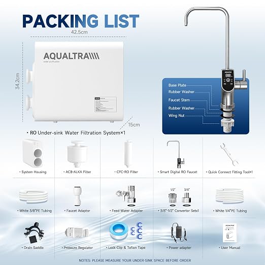 AQUALTRA USF-AR-600 Reverse Osmosis System, 10 Stage Alkaline Tankless RO System, NSF/ANSI/CAN 372 Certified, 600GPD, 3:1 Pure to Drain, Smart LED Faucet