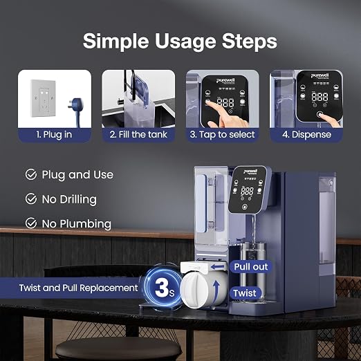 Purewell 4-Stage Alkaline Countertop Reverse Osmosis Water Filter System | Portable Water Pitcher, 3.5:1 Pure-to-Drain Ratio, Alkaline Filter, pH 8-9, No Installation Required, C01, for Home Use