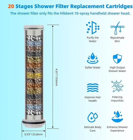 Hibbent 2 Pack Replacement Shower Filters Fit Hibbent 10-spray Handheld Shower Head, 20 Stage Showerhead Filter for Hard Water, High Output Shower Filter