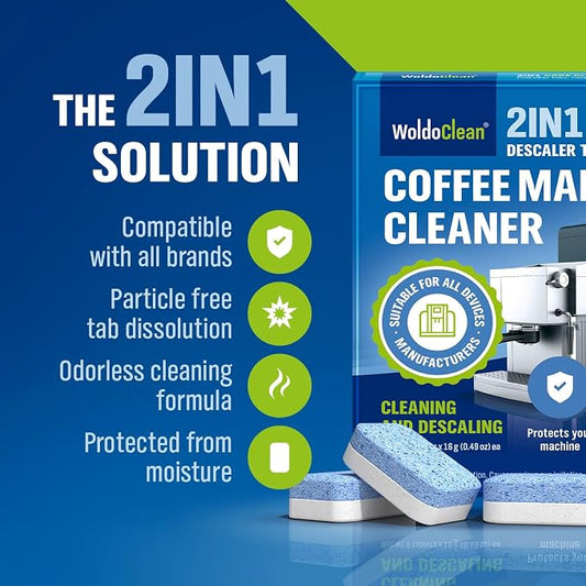 WoldoClean 2in1 Descaler Tablets for Coffee Maschine and Coffee Maker - compatible with Keurig, Nespresso, Delonghi, Miele, Coffee Maker Pot