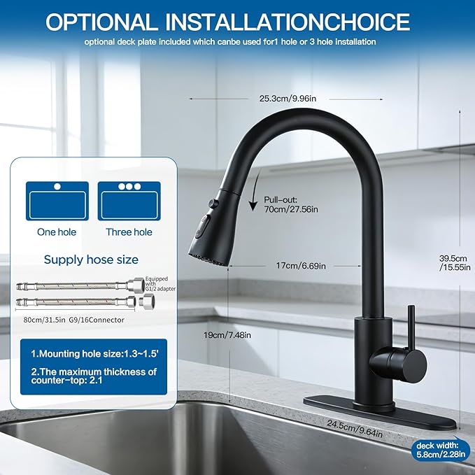 Kitchen Faucet with Pull Down Sprayer,Black Kitchen Sink Faucet,High Arc Single Handle Classic Stainless Steel Sink Faucet,1 or 3 Hole,Suitable for Farmhouse Camper Laundry Rv Bar