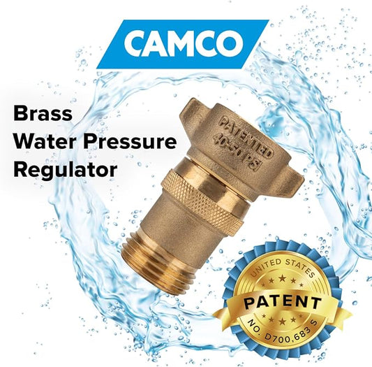Camco Brass Marine/RV Water Pressure Regulator-Protects RV Kitchen Small Appliances, Plumbing & Hoses – Reduces RV Water_Pressure to Safe & Consistent 40-50 PSI-Drinking Water_Safe (40055) (Pack of 6)