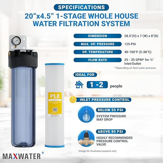 20 x 4.5 Whole House 1 Stage PP Pleated Sediment Filter System w/ 1" NPTF Port Housing Head Includes 50 Micron Pleated Sediment Filter, Gauge & Bracket BB-20B WH100SP WDS150K CB1-CAB20-BB DB20P