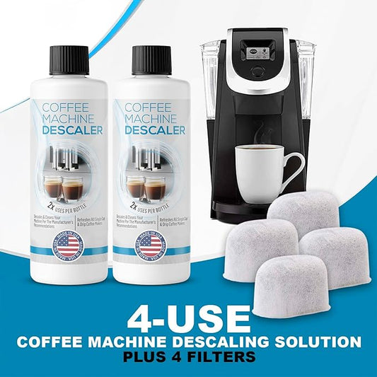 FreshFlow Keurig Compatible Descaling Solution - Descaler Cleaner Concentrate Kit For All 1.0 & 2.0 K-Cup Pod Machines and Espresso Machines - (2 Bottles, 4 Uses Plus 4 Filters)