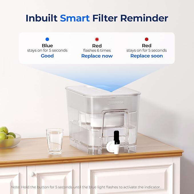 Waterdrop WFD-22L-DF Water Filter Dispenser, 40-Cup Water Purifier, White | 2 Built-in Filters, 8X Faster Filtration, 400-Gallon Lifespan, 10X Longer Lifetime, Reduces Chlorine, PFOA/PFOS