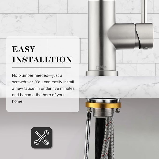 Tohlar Kitchen Sink Faucets with Pull-Down Sprayer, Modern Stainless Steel Single Handle Pull Down Sprayer Faucet with Deck Plate