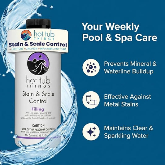 Hot Tub Things Stain & Scale Control, Metal & Mineral Remover for Hot Tubs, Spas & Pools, Prevents Scale Buildup, Protects Plumbing & Heater, Works with All Sanitizers, 32 Ounce