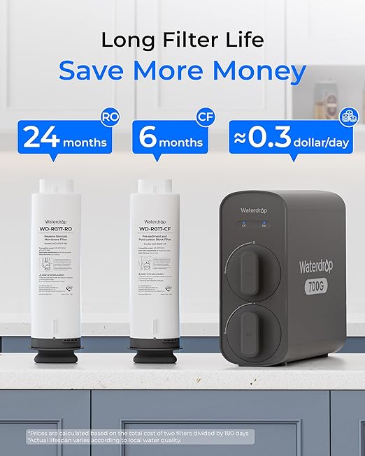 Waterdrop G5P700 Reverse Osmosis Water Filter, NSF/ANSI 58 & 372 Certified, 700G Fast Flow Reverse Osmosis System, 7 Stage RO Water Filtration System, 2:1 Pure to Drain, Smart LED Faucet, BPA Free
