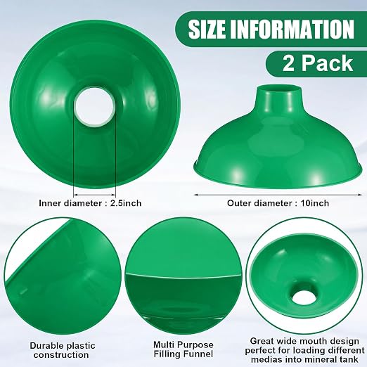 Vesici 2 Pack Extra Large Wide Mouth Funnel 2.5" x 10" Multi Purpose Filling Funnel Plastic Reusable for Water Softener Resin Tanks Carbon Media Jar Filling Use (Green)