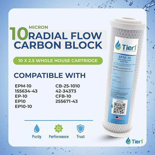 Tier1 10 Micron 10 x 2.5 Water Filter | Whole House Carbon Block Water Filter Replacement Cartridge | Compatible with Pentek EPM-10, 155634-43, EP-10, CB-25-1010 | 2.5 x 10 Water Filter (4-Pack)