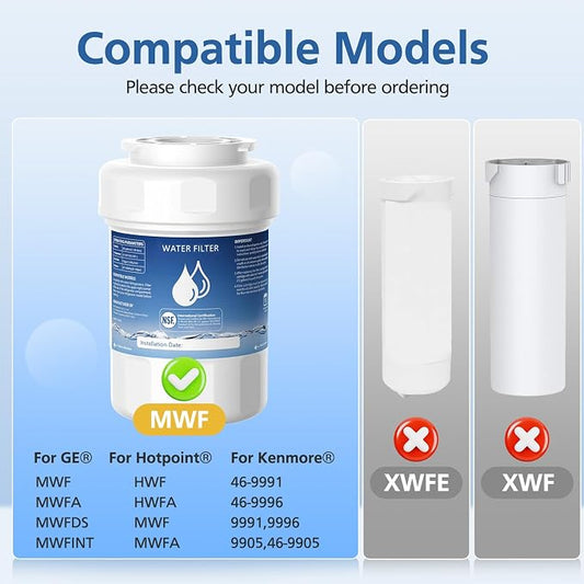 MWF Water Filter Compatible with GEยฎ MWFยฎ, SmartWater MWFP, MWFA, MWFINT | GWF, GWFA, HDX FMG-1, Kenmoreยฎ 9991, High Efficiency Filtration and Every 6 Months Value, NSF Certified, 2 Pack