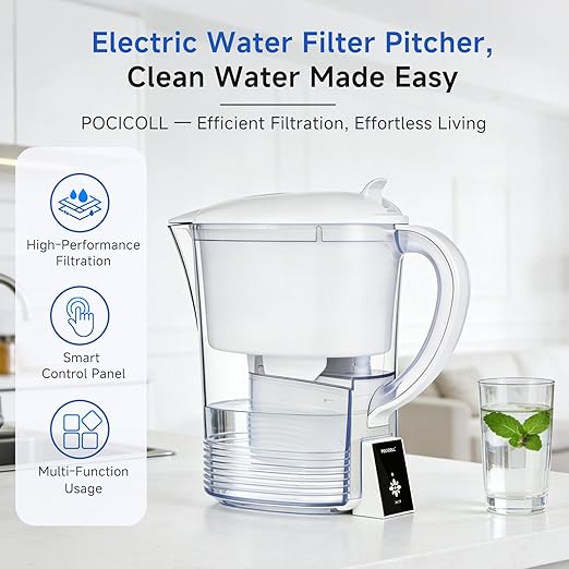 Electric Water Filter Pitcher for Tap and Drinking Water,Long-Life Filter,Removes 99% Lead, BPA-Free, Fits Fridge, for Tap Water Purification (White)