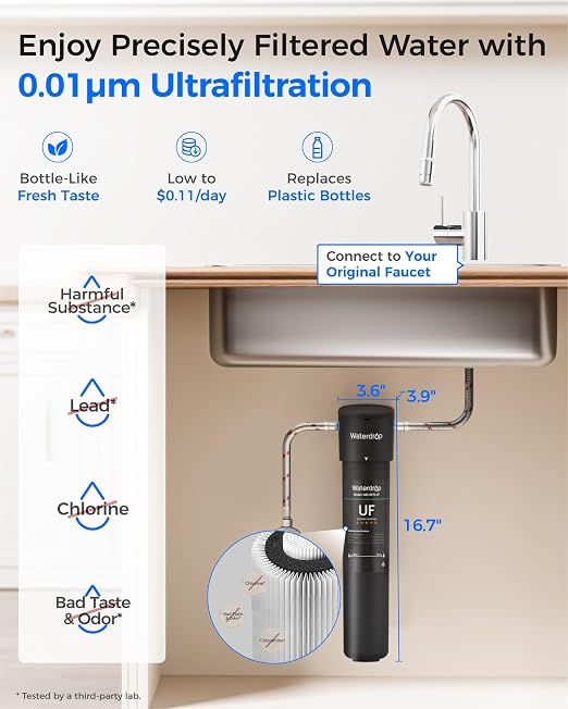 Waterdrop 15UA-UF 0.01 μm Ultra Filtration Under Sink Water Filter System | Reduces Lead, Chlorine, Bad Taste & Odor, Connects Directly to Your Faucet, 2 Years