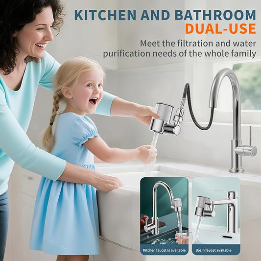 Splash-proof sink faucet extender aerator water filter, 720° rotatable faucet aerator, 2-mode spray, removes chlorine, taste, odor, suitable for kitchen/bathroom, 4 filter replacements