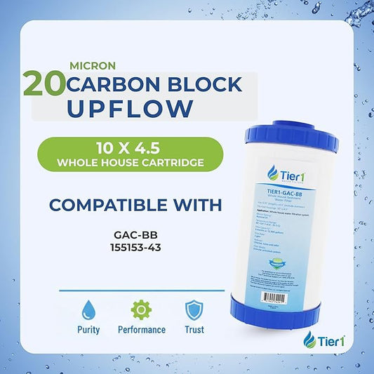 Tier1 20 Micron 10 x 4.5 Water Filter | Carbon Block - Upflow Granular Activated Whole House Cartridge | Replacement for Pentek GAC-BB, 155153-43 | 4.5 x 10 Water Filter (2-Pack)