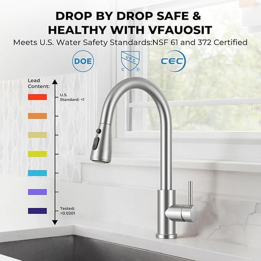 Kitchen Faucet with Pull Down Sprayer, VFAUOSIT Lead-Free Kitchen Sink Faucet Brushed Nickel Stainless Steel High Arc Pull Out Single Hole Kitchen Faucets for Pot Filler, Farmhouse RV Bar Laundry Room