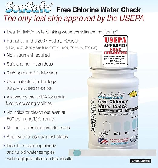 Industrial Test Systems SenSafe 481026 Free Chlorine Test Strip | USEPA Approved Method D99-003 | 0-6ppm | 0.05ppm Detection | No Bleach-Out | Bottle of 50 | Drinking Water, Food Service, Restaurant