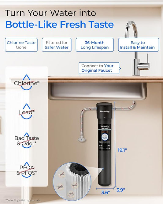 Waterdrop 17UA 3 Years Under Sink Water Filter, Under Sink Water Filtration System, Reduces PFAS, PFOA/PFOS, Lead, Chlorine, Under Sink Water Filter, NSF/ANSI 42 Certified, 24K Gallons