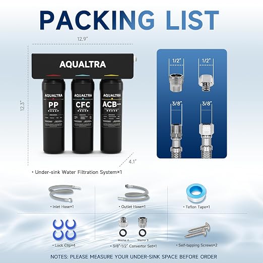 AQUALTRA USF-3B-10 Slightly Alkaline Under Sink Filter System, 8K-32K Gal, Reduce PFOA, PFOS, Chlorine, Lead, Mercury, Chloramine, Fluoride, Microplastics Particles, Bad Taste & Odor