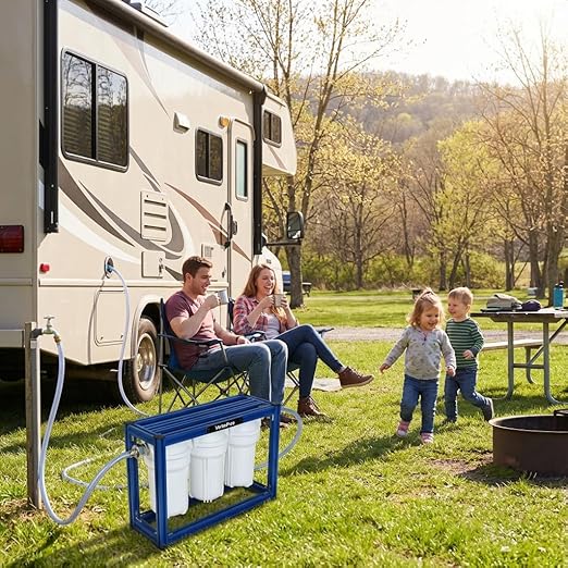 S3 Mini External 3-Stage RV Fresh Water Filter System, Compact, 5 Inch Filters, 3/4" GHT Stainless Steel Fittings, Reduce Sediment, Chlorine, Odor, All Aluminium Free-Standing Chassis, Blue