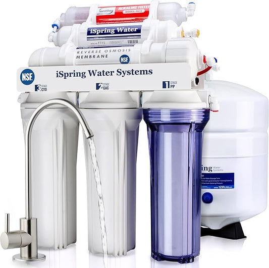iSpring 6-Stage 75 GPD RO System with Alkaline Remineralization & 7 Replacement Filters for Standard 5-Stage RO Systems