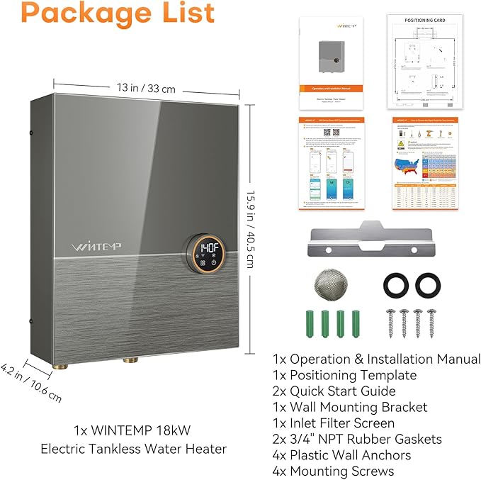 18kW Tankless Water Heater Electric 240V, On Demand Hot Water, Automatically Maintains Water Temperature, Up to 4.3 GPM, WiFi Control, ETL Eertified, Eco, WM18V Plus