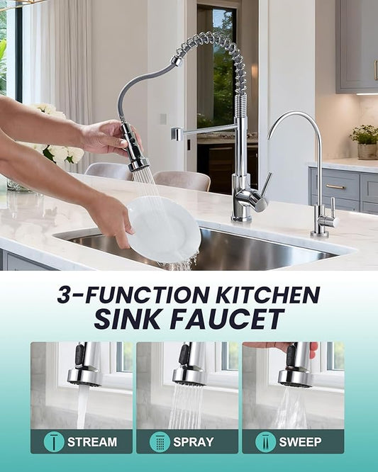 Kitchen Faucet and Water Filter Faucet: Chrome Kitchen Sink Faucet with Drinking Water Faucet - Stainless Steel Single Handle Tap with Pull Down Sprayer for Kitchen Sink Farmhouse Bar