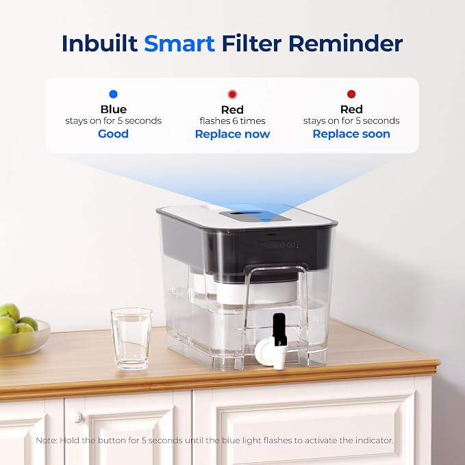 Waterdrop WFD-22L-DF Water Filter Dispenser, 40-Cup Water Purifier, Black | 2 Built-in Filters, 8X Faster Filtration, 400-Gallon Lifespan, 10X Longer Lifetime, Reduces Chlorine, PFOA/PFOS