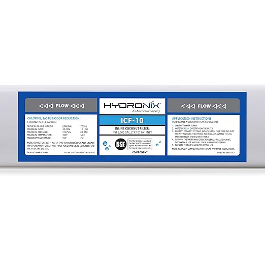 Hydronix ICF-10 RO Reverse Osmosis Post Polishing, Fridge and Ice Inline Coconut GAC Water Filter, 2000 Gal, 1/4" NPT