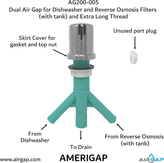 Dual Air Gap for Dishwasher and Reverse Osmosis Filters (with tank) and Extra Long Thread (AG200-005, AG200-002, T52 RO KIT, AMERIGAP)