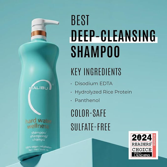 Malibu C Hard Water Wellness Shampoo - Hydrating, Sulfate-Free Hair Care for Hard Water - Removes Minerals and Buildup (33.8 oz)