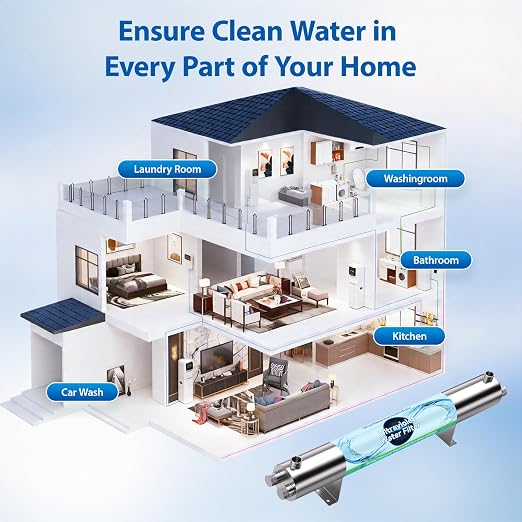 UV Water Filter Whole House Purifier System, 110W Whole Home Water Filter High Flow 24 GPM, 1 MNPT, Includes 2 Extra Bulbs, for Well & City Water, Under Sink, Home Kitchen, RV Use
